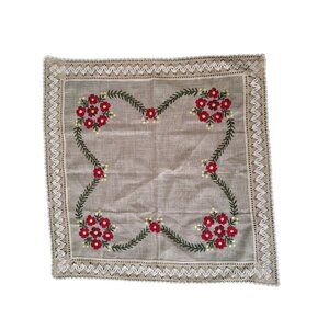 Embroidered Square Table Cloth Red Yellow Flower Crochet Trim Cottage Country